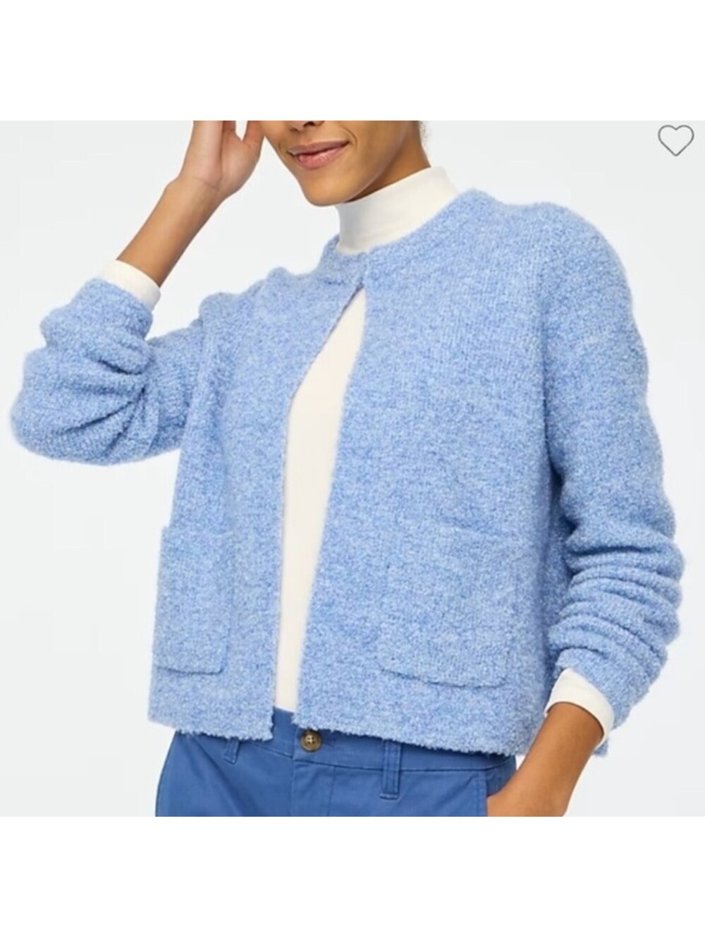 J Crew Blue Boucle Cardigan Sweater Cropped Preppy Knit Jacket Size Large